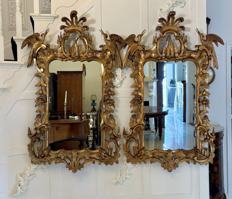 Antique Pair Giltwood Rococo Chinoiserie Wall Mirrors - Image 2